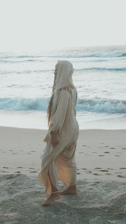 WIZARD Ceremony Womens Hooded Kimono Vest Ivory Beige Tribal Ritual Gypsy Festival Magic Ritual Alchemy Primitive Rave Boho Earthy AJJAYA