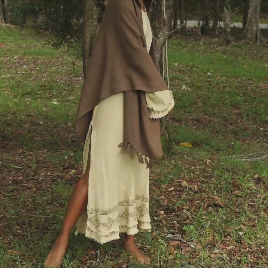 Womens ANAGAMI Hooded Kimono Black Cape Poncho Robe Block Printed Natural Dyed Ceremony Ritual Shaman Tribal Alchemy Shawl Wrap Rave AJJAYA