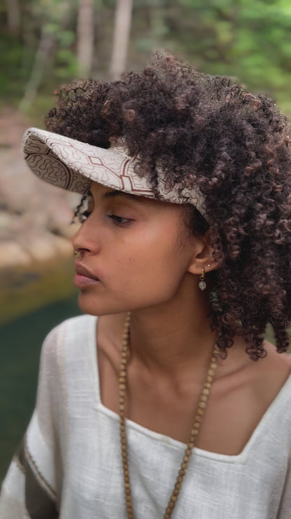 SHIPISOR Womens White Visor Dreadlock Cap with Shipibo Patterns Handmade Natural Cotton Adjustable strap Tribal Festival Ceremony Ritual AJJAYA