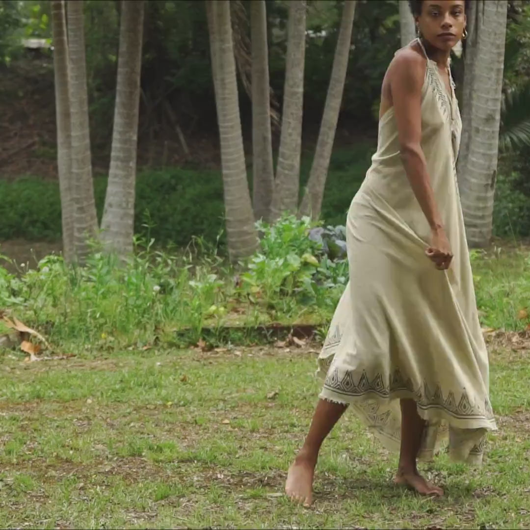 SELENA Long Dress Goddess Beige Maxi Open Back Cotton Festival Boho Naturally Dyed Block Printed Tribal Hippie Patterns Earthy AJJAYA