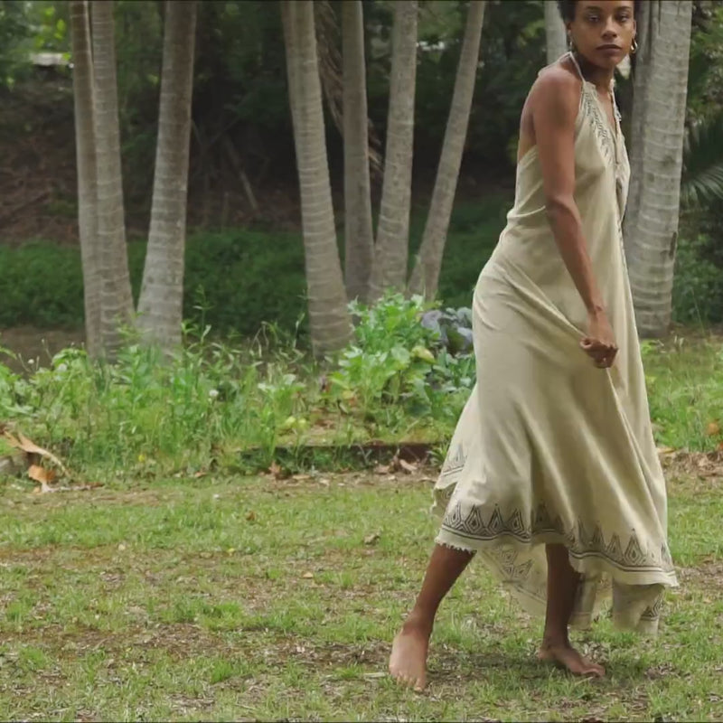 SELENA Long Dress Goddess Beige Maxi Open Back Cotton Festival Boho Naturally Dyed Block Printed Tribal Hippie Patterns Earthy AJJAYA