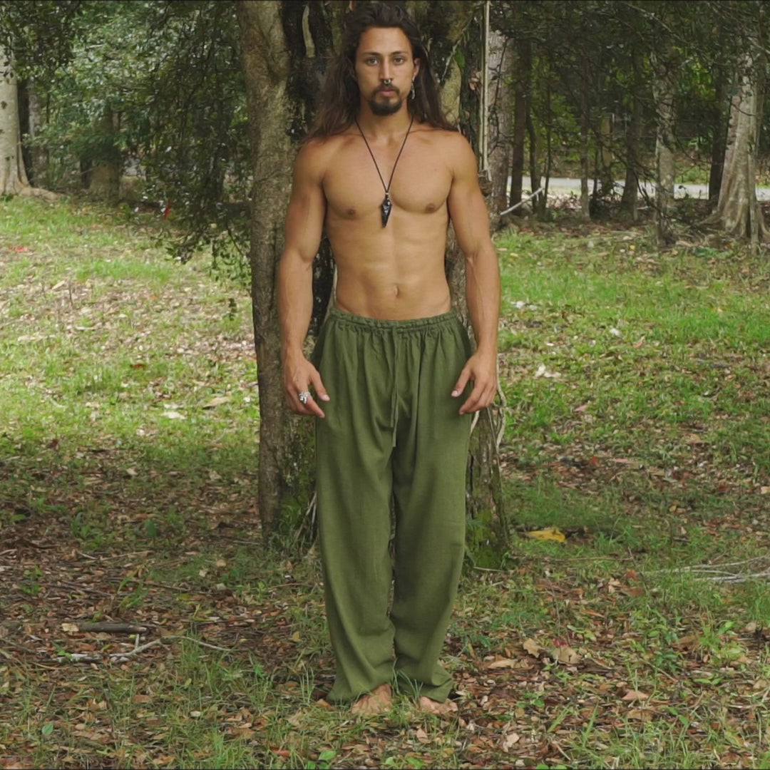 YUGI Sage Green Mens Cotton Yoga Pants Natural Plant Dyed Pockets
