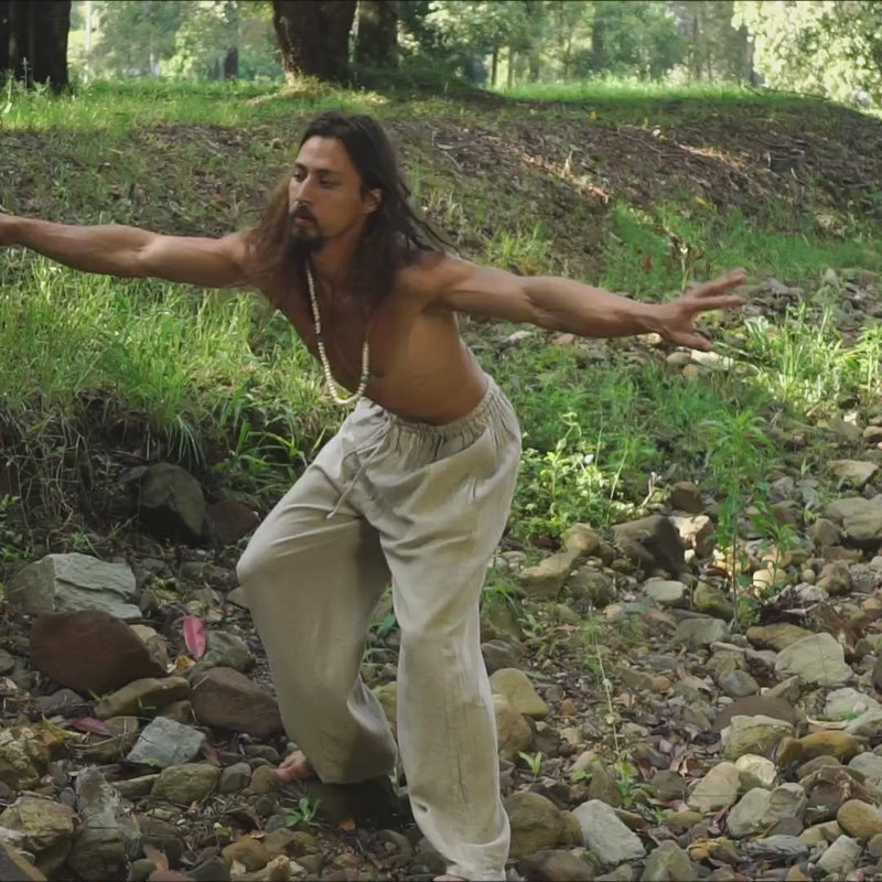 YUGI Black Mens Cotton Yoga Pants Natural Plant Dyed Pockets Yogi Breathable Gym Straight Trousers Flexible Drawstring Festival Rave AJJAYA