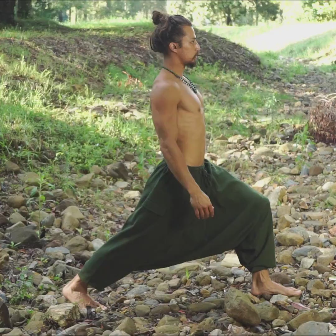 Aladdin Mens Drop Crotch Cotton Pants Green Yogi Ashtanga Asana Harem Alibaba Yoga Afghani pocket trousers comfortable tai chi gong AJJAYA
