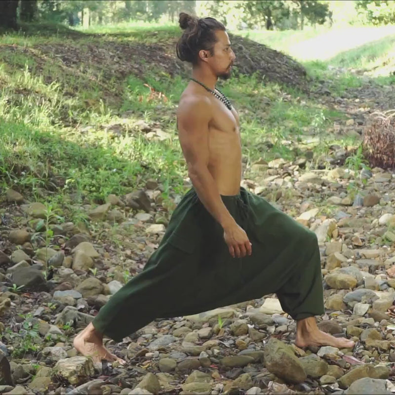 Aladdin Mens Drop Crotch Cotton Pants Green Yogi Ashtanga Asana Harem Alibaba Yoga Afghani pocket trousers comfortable tai chi gong AJJAYA