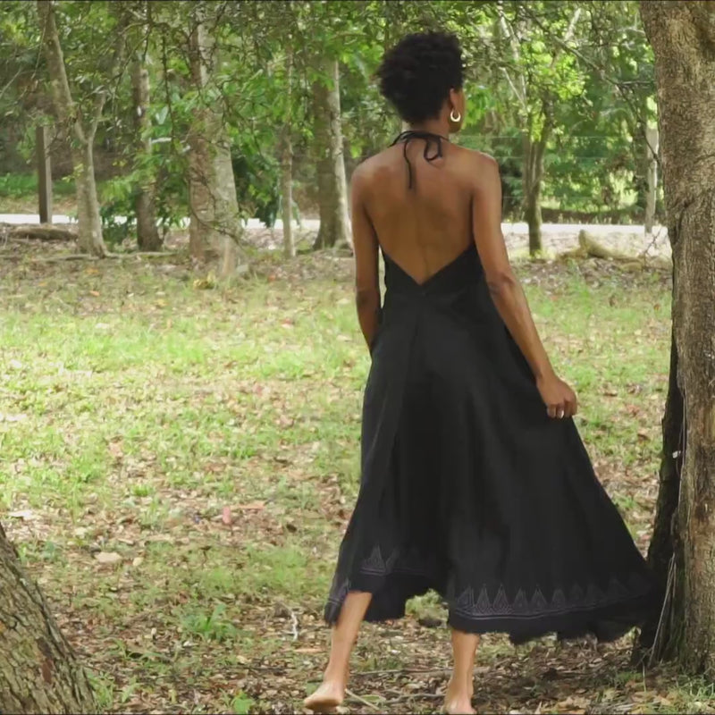 SELENA Long Dress Goddess Black Raven Maxi Open Back Cotton Festival Boho Naturally Dyed Block Printed Tribal Hippie Patterns Earthy AJJAYA