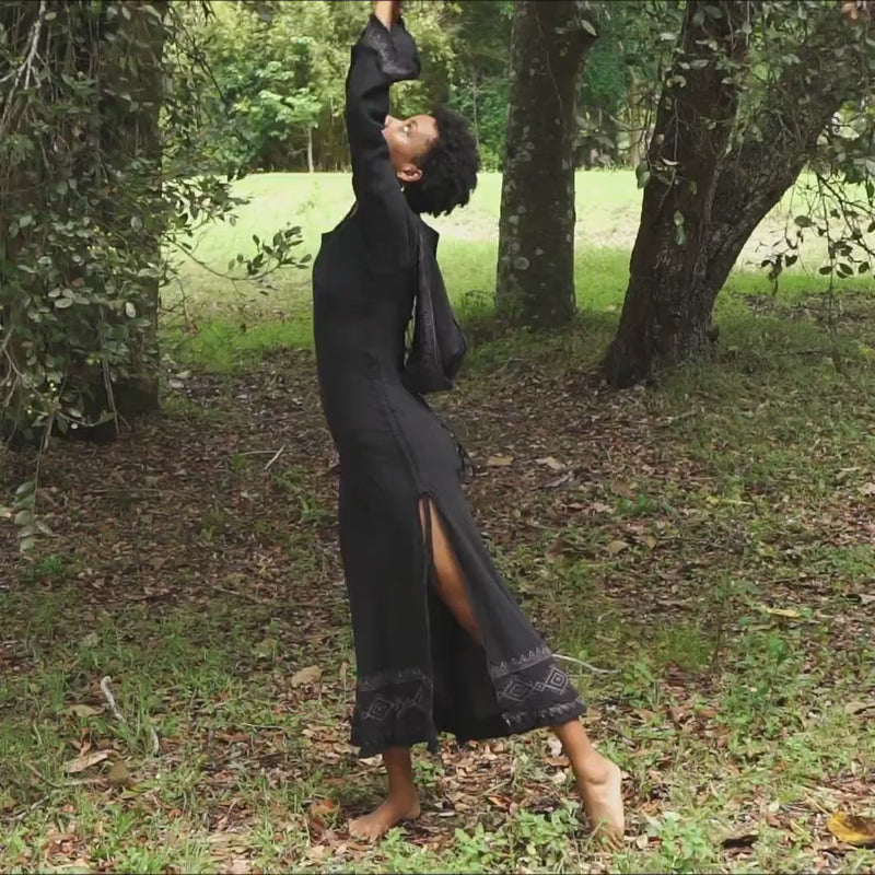 MISTIK Dress Maxi Night Black Long Sleeve Hooded Ankle Length Natural Dyed Cotton Block Printed Pattern Fairy Gypsy Boho Festival AJJAYA