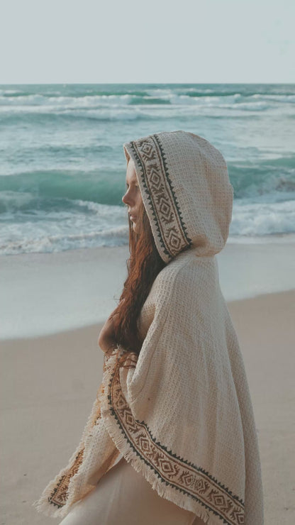 VECHO Cotton Poncho Beige Womens Hooded Vegan with Hood Block Printed Tribal Pattern Gypsy Festival Boho ceremony ritual AJJAYA