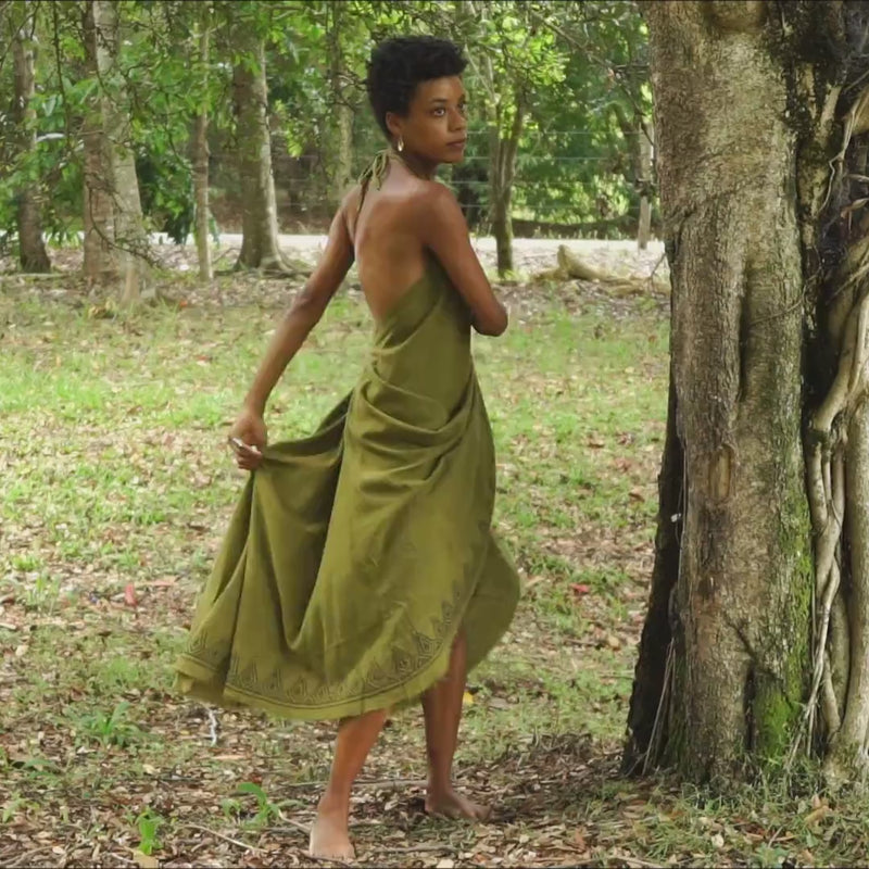 SELENA Long Dress Goddess Sage Green Maxi Open Back Cotton Festival Boho Naturally Dyed Block Printed Tribal Hippie Patterns Earthy AJJAYA