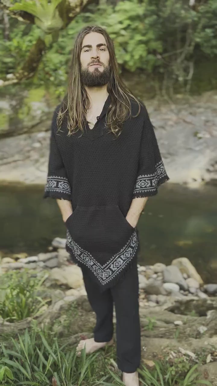 VECHO Black Mens Hooded Vegan Poncho Textured Cotton with Hood Block Printed Tribal Pattern Gypsy Festival Boho ceremony ritual AJJAYA