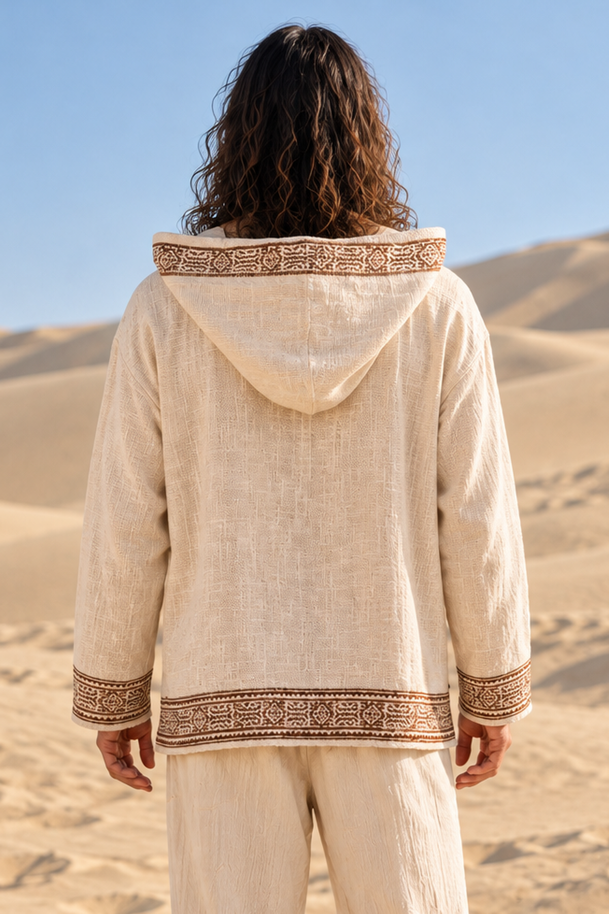 Back view of beige cotton hoodie with hood down, showing brown block-printed trim along the hood, cuffs and hem