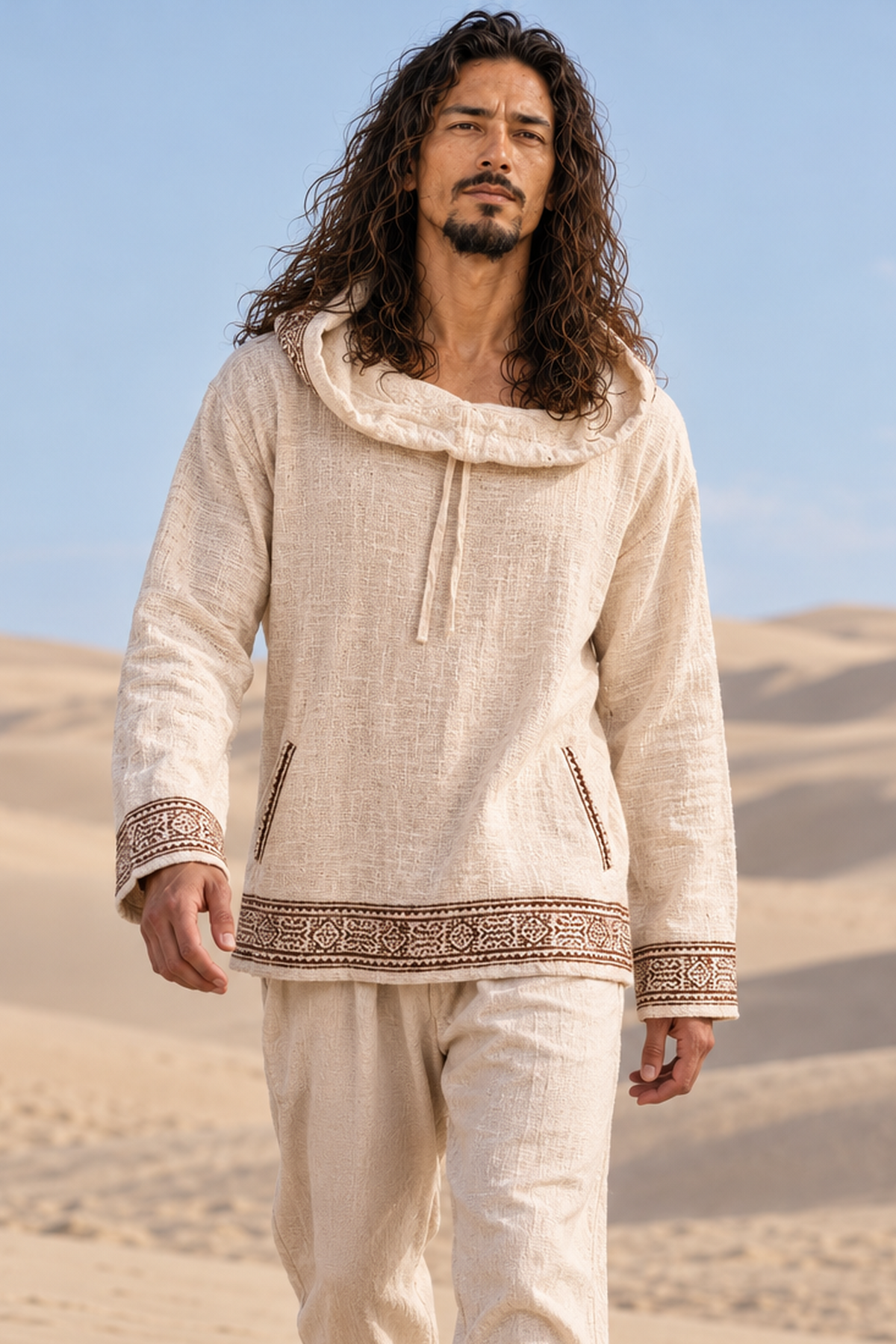 Man walking through sand dunes in beige cotton hoodie, hood down as a cowl neck, brown block-printed bands at cuffs and hem
