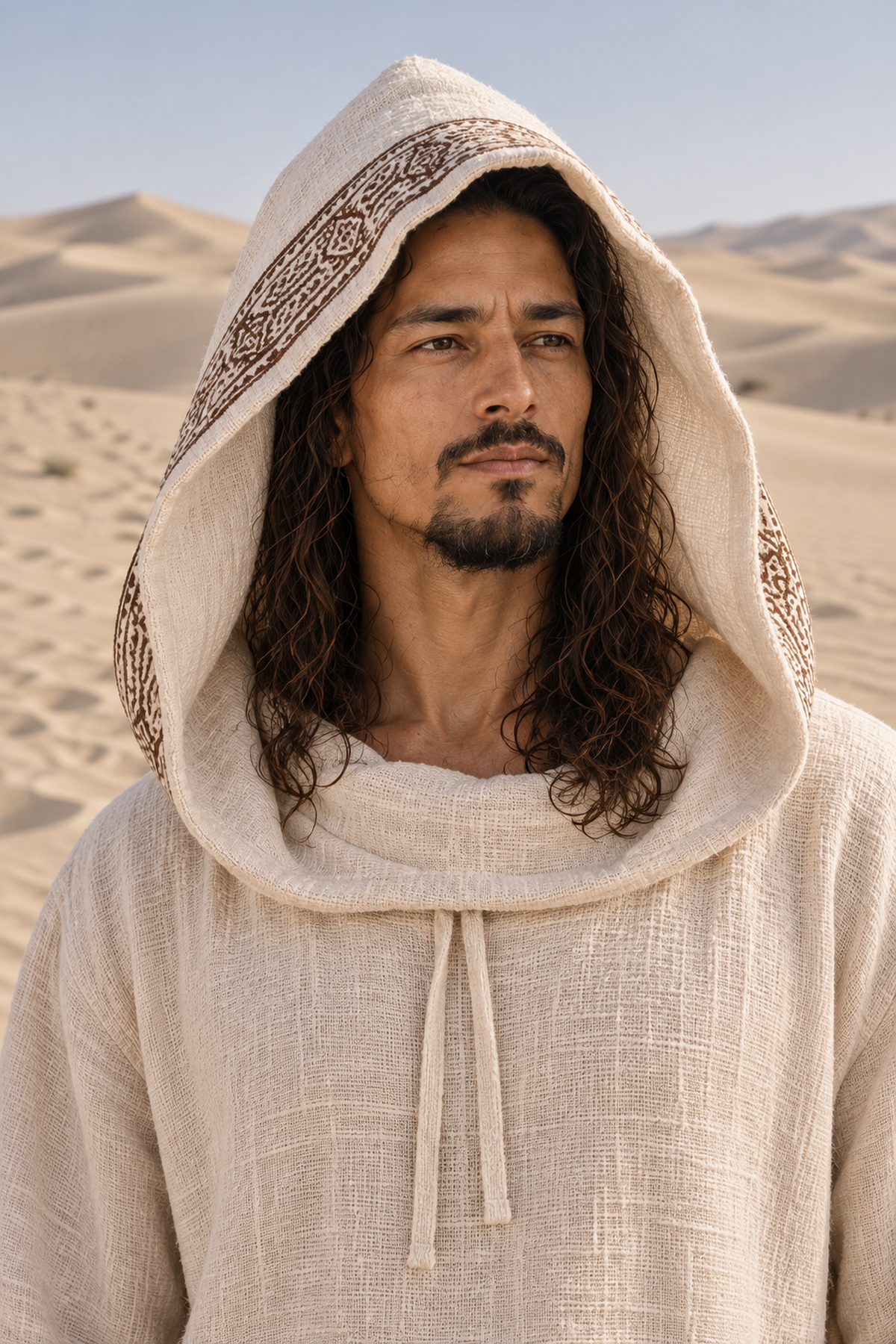 Man with long curly hair in the beige SUKKUN handwoven cotton hoodie, hood up with brown block-printed trim, in sand dunes