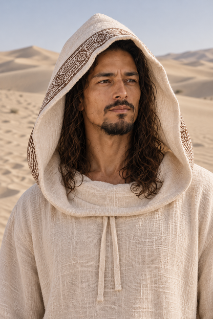 Man with long curly hair in the beige SUKKUN handwoven cotton hoodie, hood up with brown block-printed trim, in sand dunes
