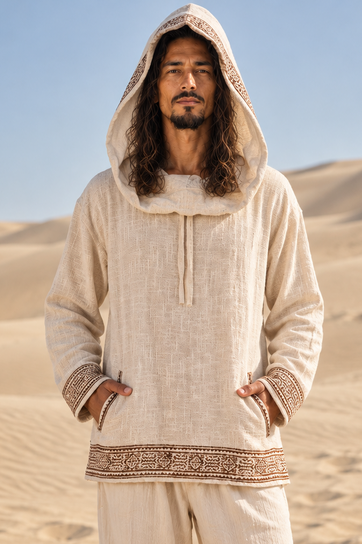 Front view of man in beige block-printed cotton hoodie, hood up and hands in the front pockets, standing in desert dunes