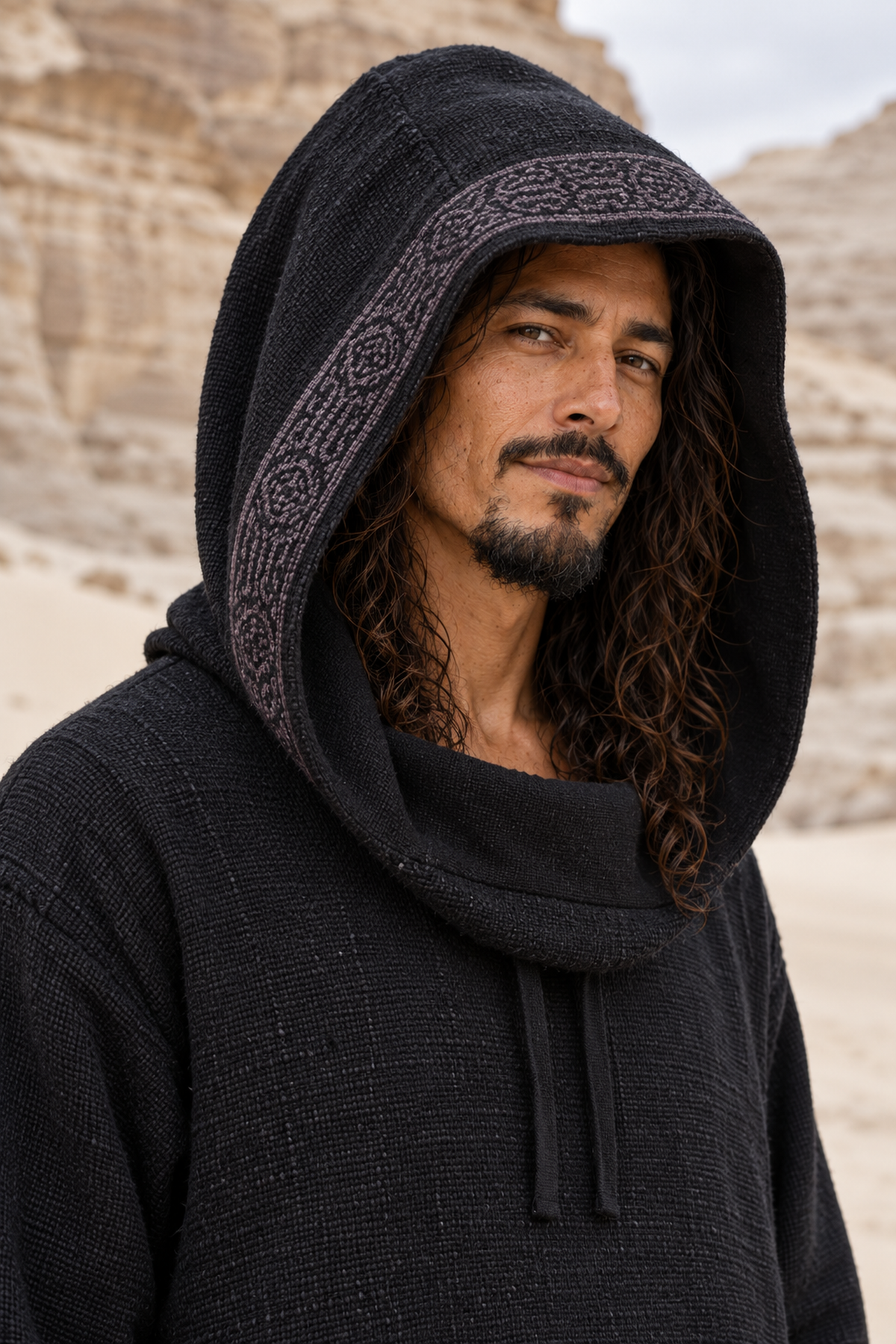 Close-up of man with long curly hair in black block-printed cotton hoodie, oversized hood up framing his face