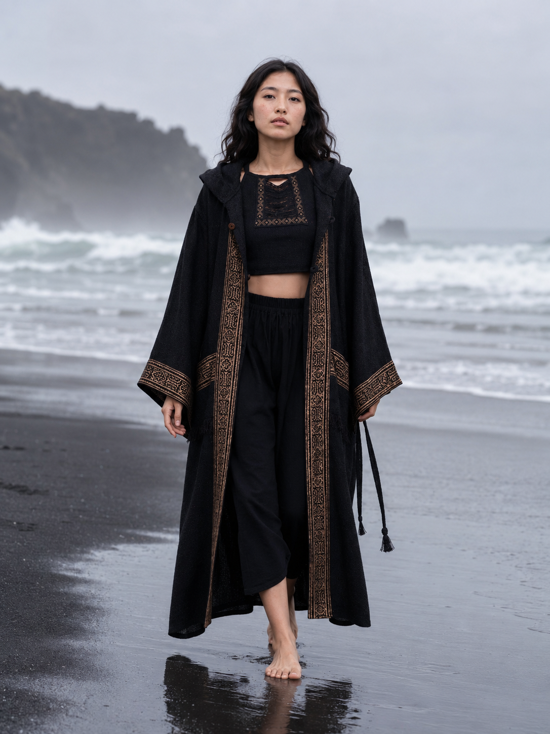 AYAWA Damen Kimono Cape Robe Beige Creme Kapuze Shipibo Heilige Muster Zeremonie Ritual Schamane Tribal Schal Wikinger Festival Wrap AJJAYA