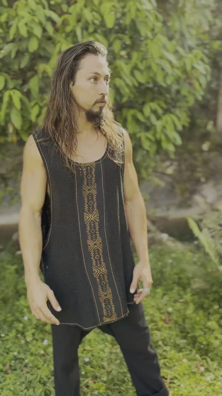 KAZA Black Mens Tank Top Sleeveless Yoga Deep Cut Breathable Semi See-through Cotton Tribal Pattern Block Printed Festival Ceremonial AJJAYA