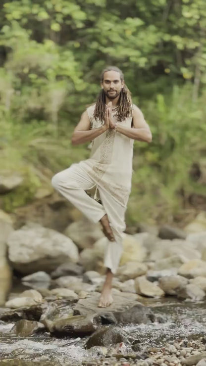 AKAU Mens Beige Tank Top Sleeveless Shirt Shipibo Block Printed Handmade Natural Muscle Cotton Shaman Tribal Festival Ceremony Ritual AJJAYA