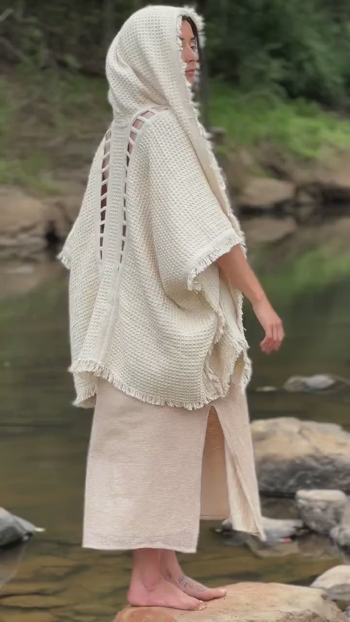 WIZARD Womens Hooded Kimono Vest Ivory Beige Tribal Ritual Ceremony Gypsy Festival Magic Ritual Alchemy Primitive Rave Boho Earthy AJJAYA