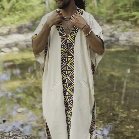 KAFATU Mens Beige Kaftan Kurta Top African Tribal Patterns Handmade Robe Natural Cotton with Pockets Ceremony Ritual Festival Boho AJJAYA