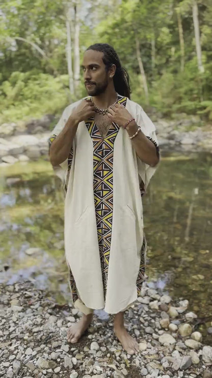 KAFATU Mens Beige Kaftan Kurta Top African Tribal Patterns Handmade Robe Natural Cotton with Pockets Ceremony Ritual Festival Boho AJJAYA