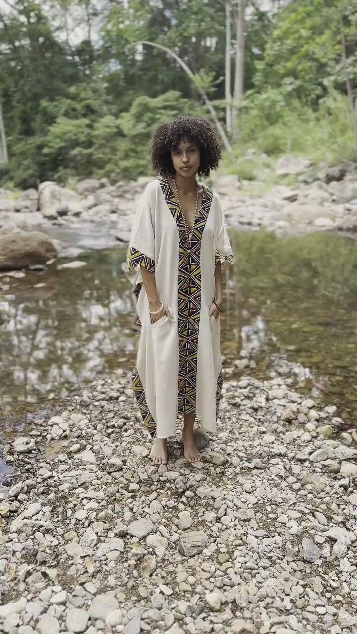 KAFATU Womens Beige Kaftan Dress Maxi African Tribal Patterns Handmade Robe Natural Cotton with Pockets Ceremony Ritual Festival Boho AJJAYA