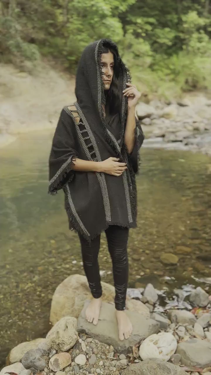 WIZARD Womens Black Hooded Kimono Vest Tribal Ritual Ceremony Shamanic Gypsy Festival Magic Ritual Alchemy Primitive Rave Boho Earthy AJJAYA