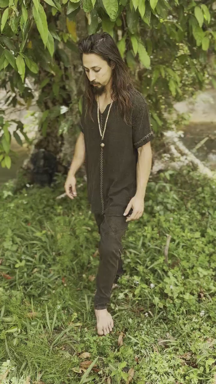 IKRAN Beige Mens Cotton T Shirt Top Stone Washed Naturally Dyed Tribal Pattern Open V Neck Breathable Festival Ceremony Ritual Shaman AJJAYA