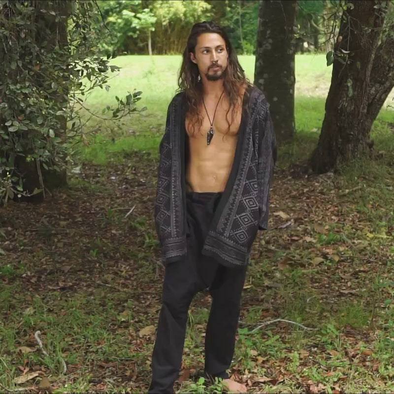 KHAL Mens Black Open Cotton Shirt Top Handwoven Natural Eco Dyed Block Printed Buttonless Gypsy Tribal Primitive Festival Muscle Vest AJJAYA