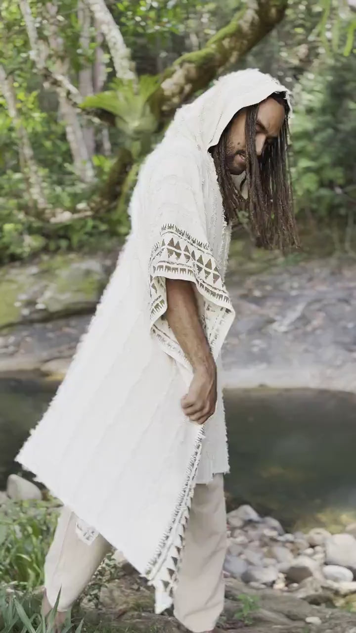 AKKAD Beige Handmade Ceremonial Hooded Poncho Hood Pockets Vegan Cotton Block Printed Tribal Patterns Naturally Dyed Festival Viking AJJAYA