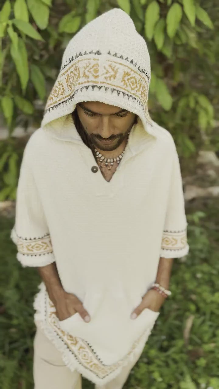 VECHO Poncho Beige Mens Hooded Vegan Textured Cotton with Hood Block Printed Tribal Pattern Gypsy Festival Boho ceremony ritual AJJAYA