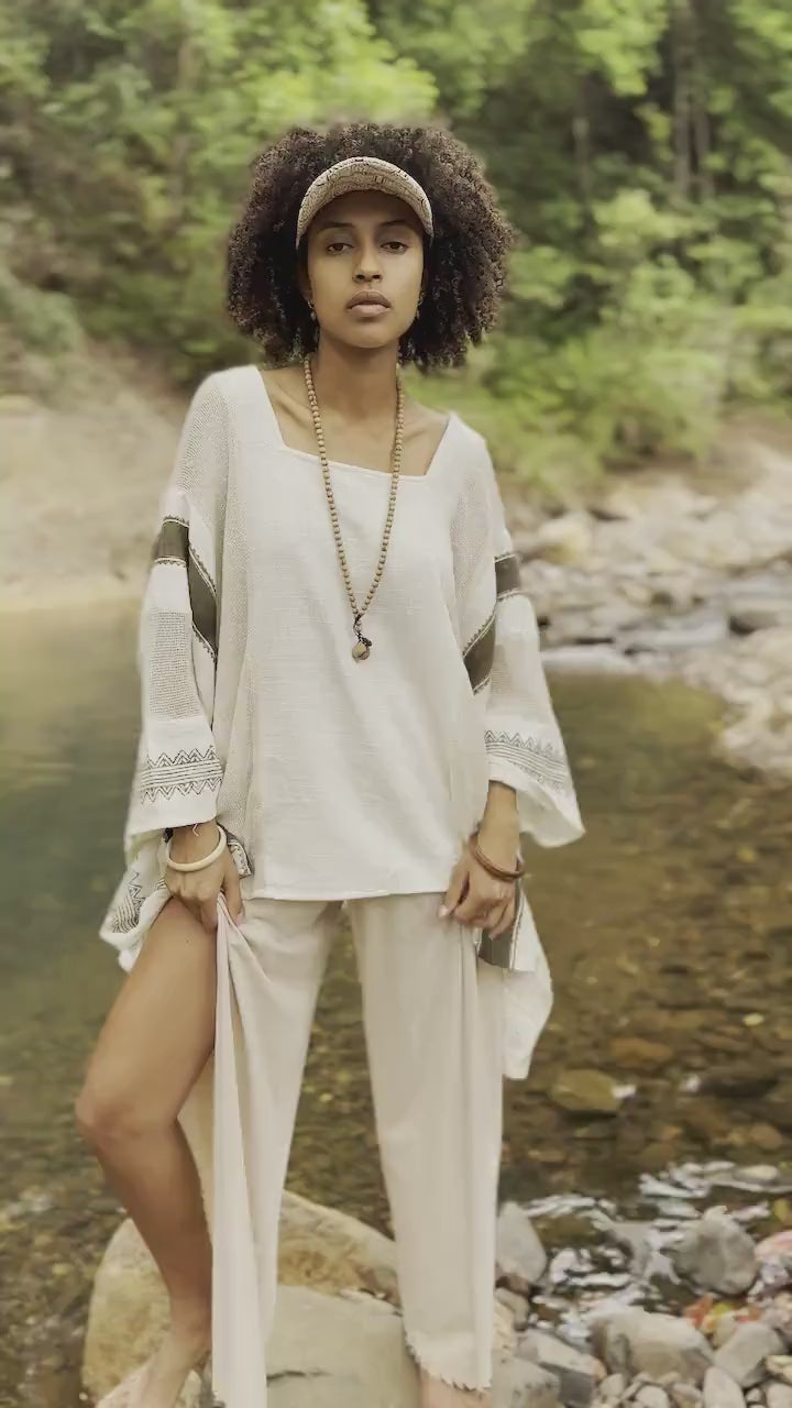 TAIKI Womens Light Beige Cream Poncho Cotton Top Kaftan Boho Block Printed Natural Dye Pattern Festival Bohemian Hippie Collarbone AJJAYA