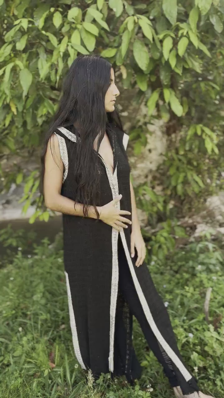 LALIKA Womens Vest Black Long Hooded Large Hood Natural Netted Cotton Festival Ceremony Tribal Dystopian Cyberpunk Steampunk Gypsy AJJAYA