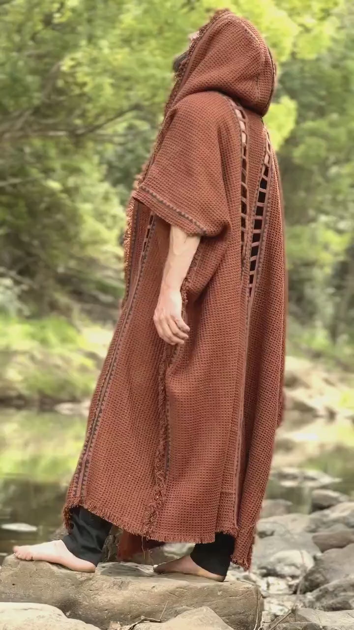 MAGOS WIZARD Long Rustic Orange Mens Hooded Kimono Vest Tribal Ritual Ceremony Gypsy Festival Magic Ritual Primitive Rave Boho Earthy AJJAYA