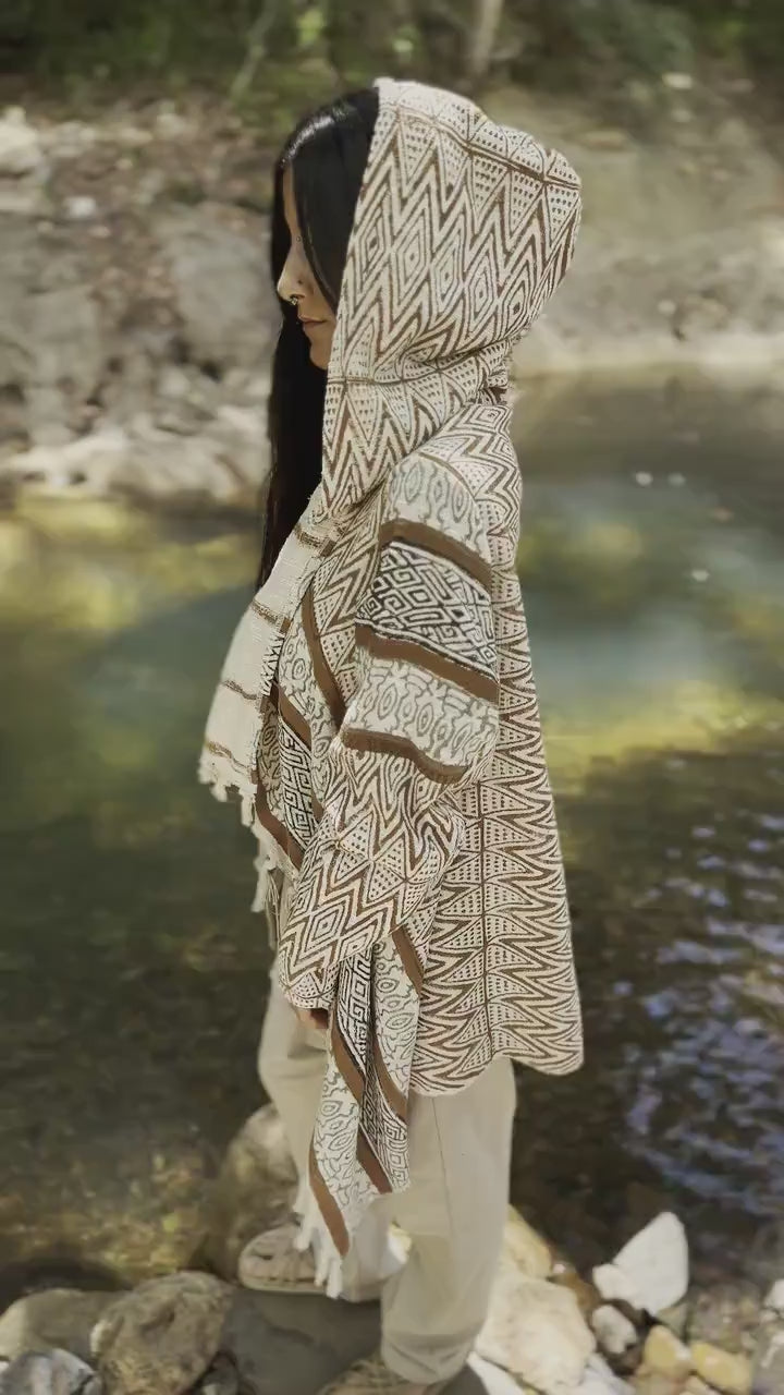 JAPOMONO Hooded Poncho Jacket Kimono Hybrid Large Hood and Pockets Handmade Naturally Dyed Block Printed Tribal Pattern Festival AJJAYA