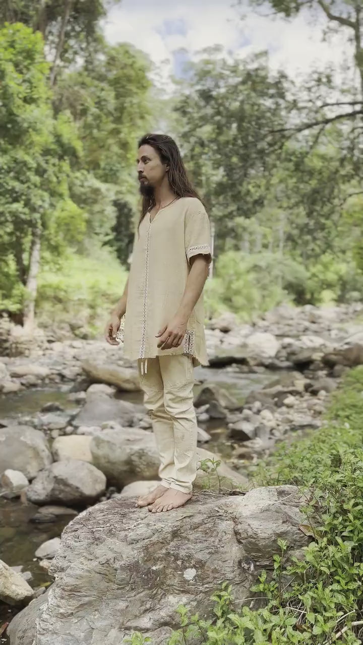 IKRAN Mustard Mens Cotton T Shirt Top Stone Washed Naturally Dyed Tribal Open V Neck Breathable Festival Ceremony Ritual Shaman AJJAYA