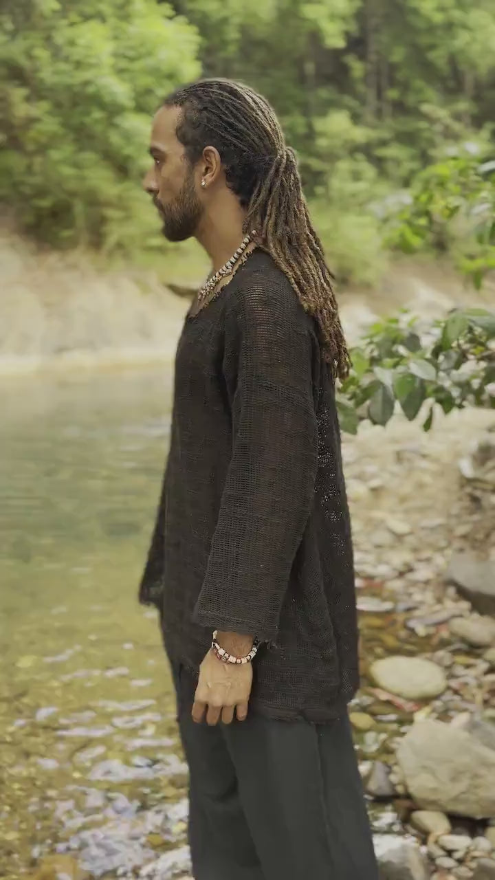 KUNTU Black Netted Top Cotton Semi See-through Shirt Asymmetric Rugged Dystopian Apocalyptic Festival Tribal Cyberpunk Steampunk AJJAYA