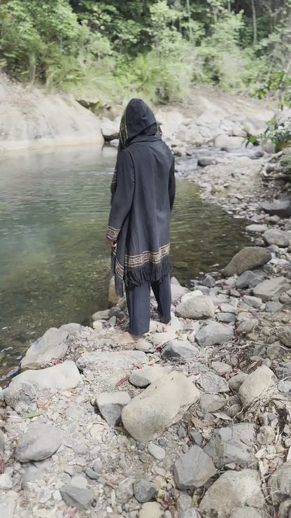 JUBBA Beige Mens Hooded Cloak Long Sleeve Poncho Jacket Festival Tribal Dystopian Apocalyptic Block Printed Steampunk Handmade Dune AJJAYA