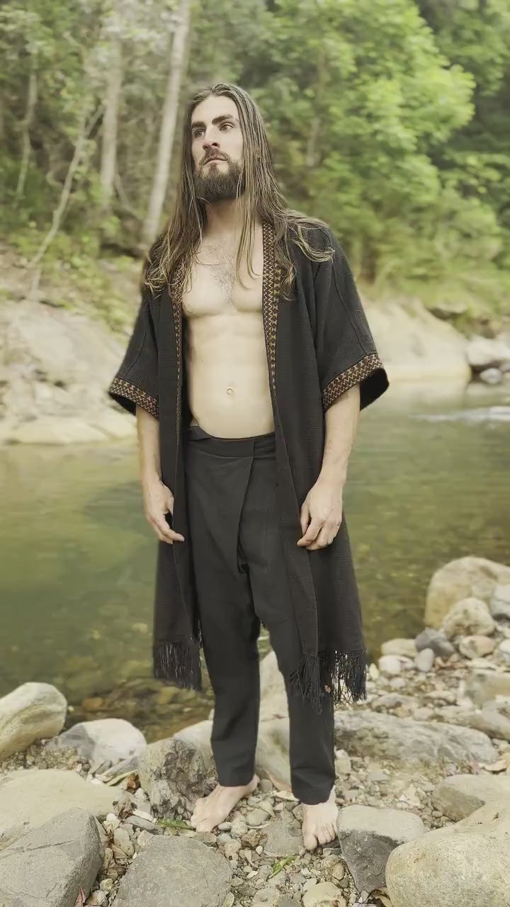 BUNTU Black Kimono Robe Handmade Tribal African Patterns Natural  Textured Cotton Shamanic Ceremony Ritual Festival Boho Gypsy AJJAYA