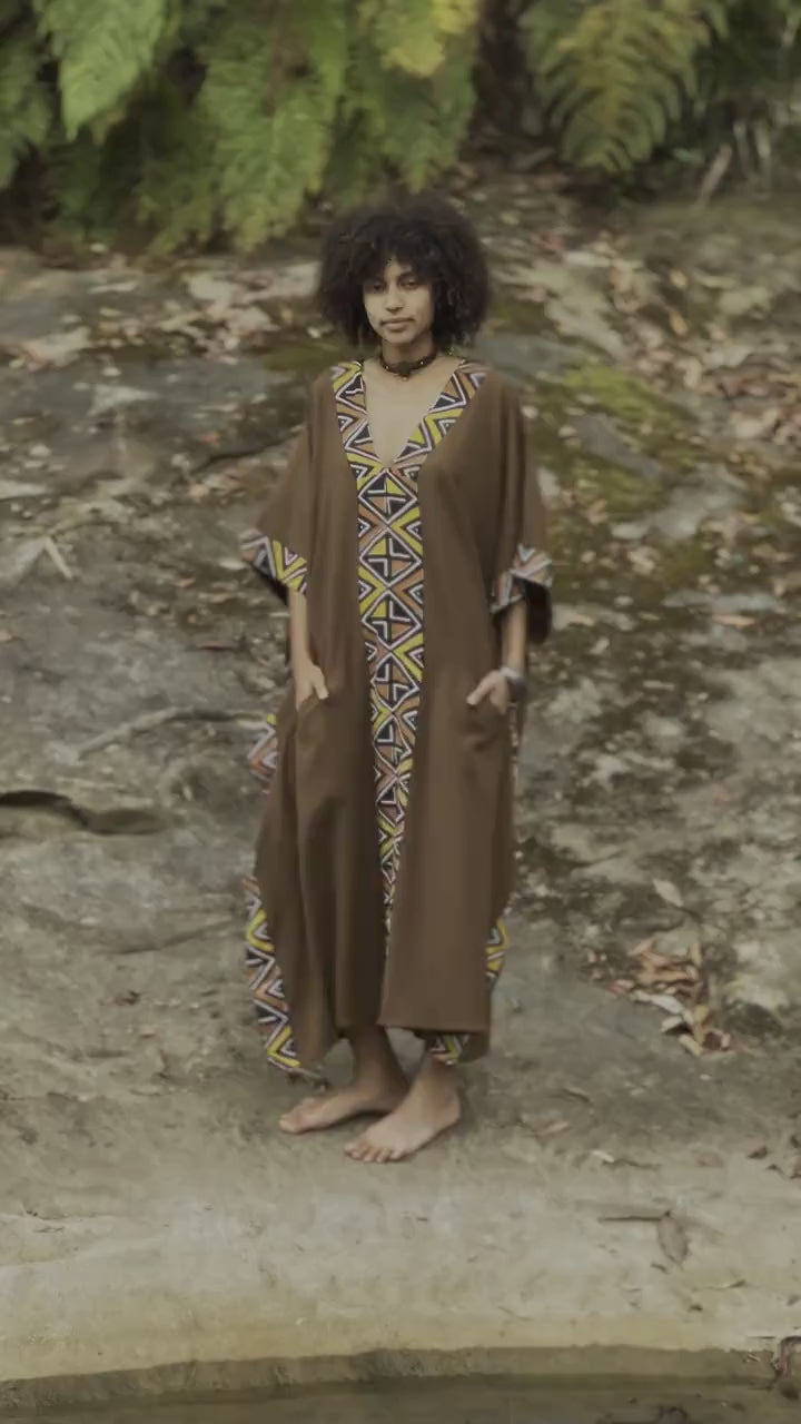 KAFATU Womens Brown Kaftan Dress Maxi African Tribal Patterns Handmade Robe Natural Cotton with Pockets Ceremony Ritual Festival Boho AJJAYA