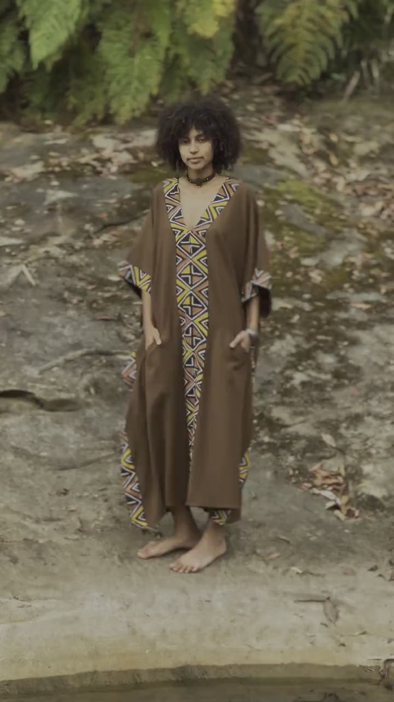 KAFATU Womens Beige Kaftan Dress Maxi African Tribal Patterns Handmade Robe Natural Cotton with Pockets Ceremony Ritual Festival Boho AJJAYA