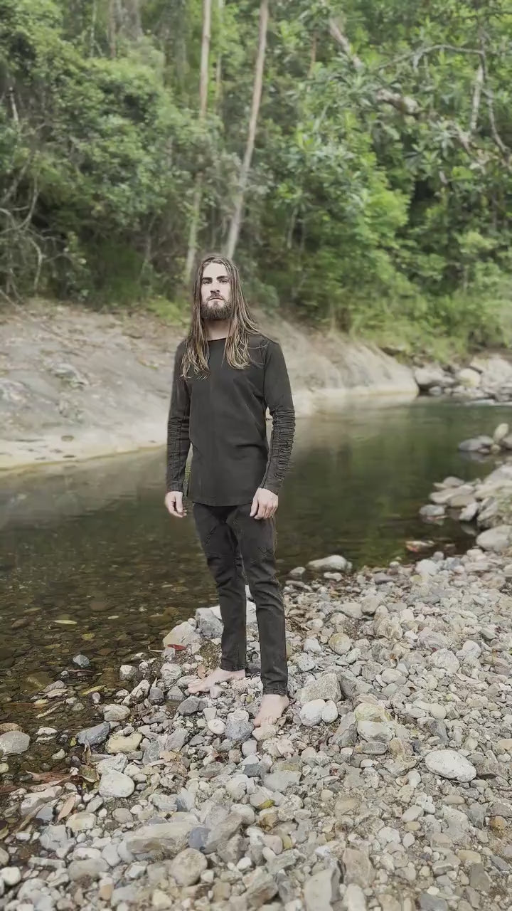 JAMIS Sand Beige Mens Jumper Long Sleeve Top Pullover Handmade Apocalyptic Dune Rugged Stone Washed Primitive Festival Steampunk AJJAYA