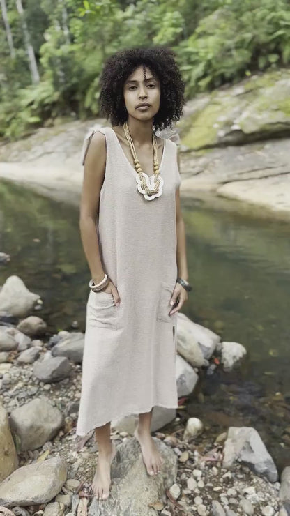 SAANUK Dress Beige Maxi Cotton Pockets Boho Peasant Bridesmaid Gypsy Earthy Bohemian Festival Ceremony Ritual Shamanic Sacred Simple AJJAYA