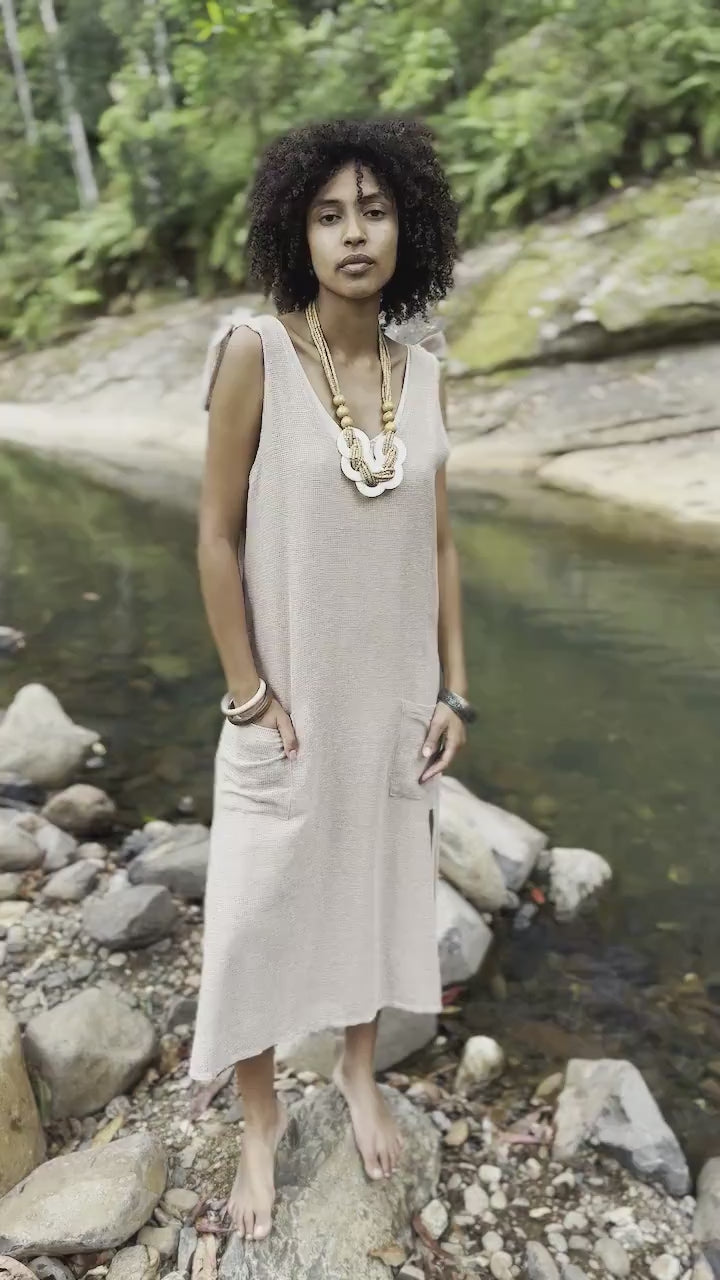 SAANUK Dress Beige Maxi Cotton Pockets Boho Peasant Bridesmaid Gypsy Earthy Bohemian Festival Ceremony Ritual Shamanic Sacred Simple AJJAYA