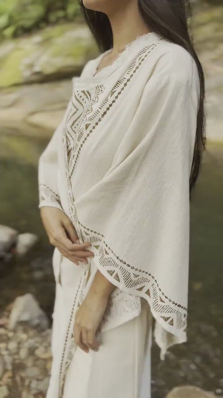 NAAMI Beige Cotton Kimono Robe Wrap Light Soft Natural Dyed Block Printed Patterns Beach Festival Ceremony Boho Summer Spring AJJAYA