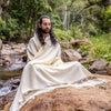 TATHAGATHA White Beige Oversized Meditation Shawl Handwoven Pure Cashmere Wool Embroidered Blanket Handmade Winter Zen Wrap Himalayan AJJAYA