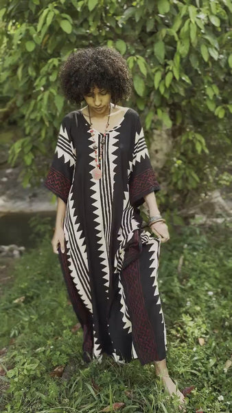 ELGA Kaftan Maxi Long Dress Soft Breathable Cotton-Rayon Fabric Tribal Black White African Patterns Boho Festival Elegant Shamanic AJJAYA