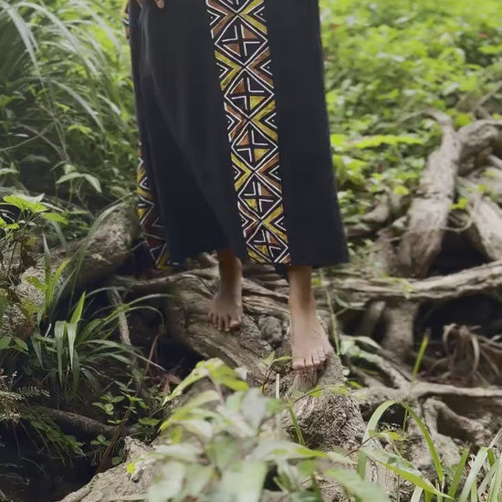 KAFATU Womens Black Kaftan Dress Maxi African Tribal Patterns Handmade Robe Natural Cotton with Pockets Ceremony Ritual Festival Boho AJJAYA
