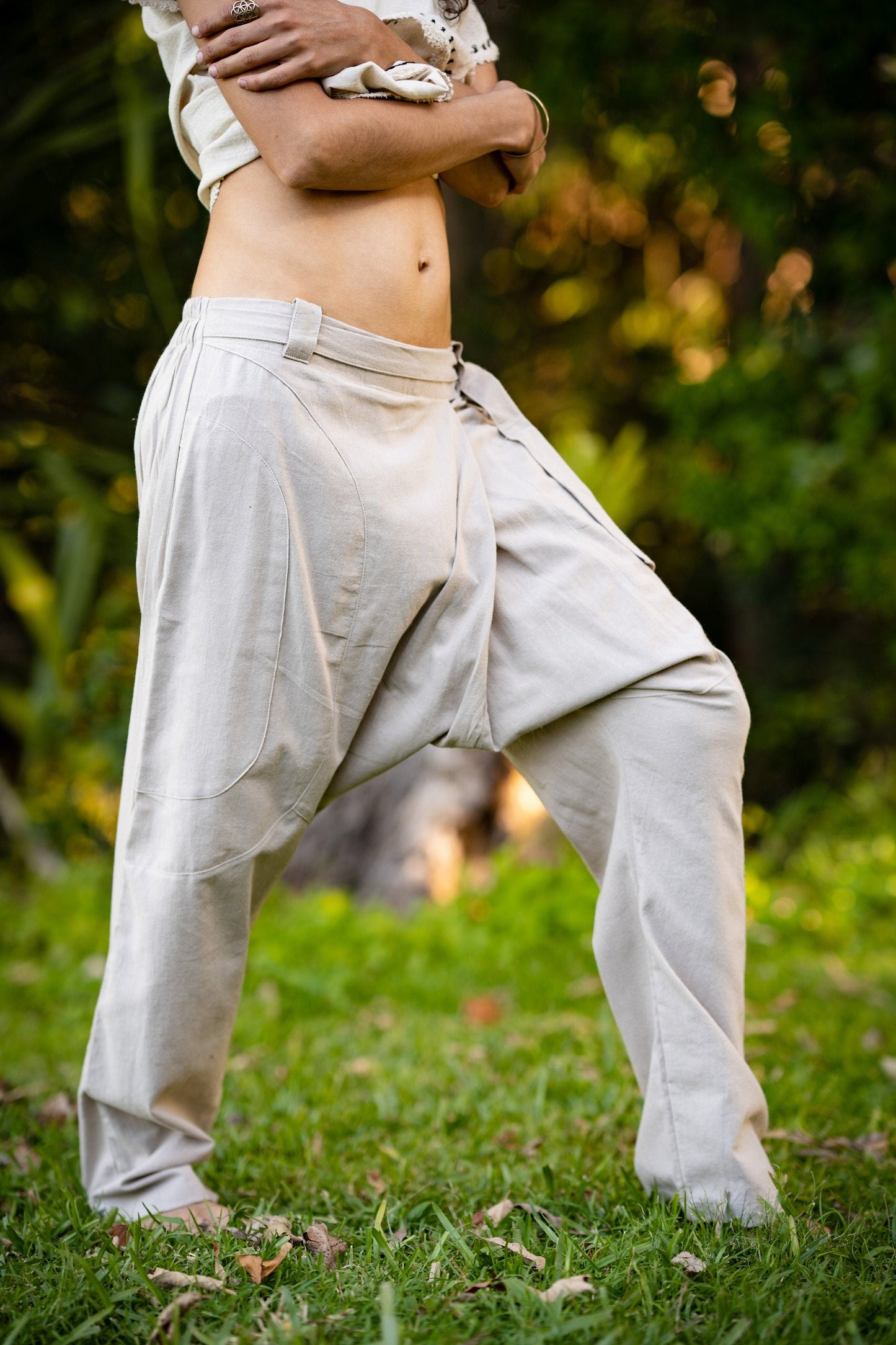 女式波西米亚风裤子棕色阿富汗后宫吊裆，原始手工舒适瑜伽吉普赛波西米亚风阿里巴巴阿拉丁节果阿两个口袋 AJJAYA